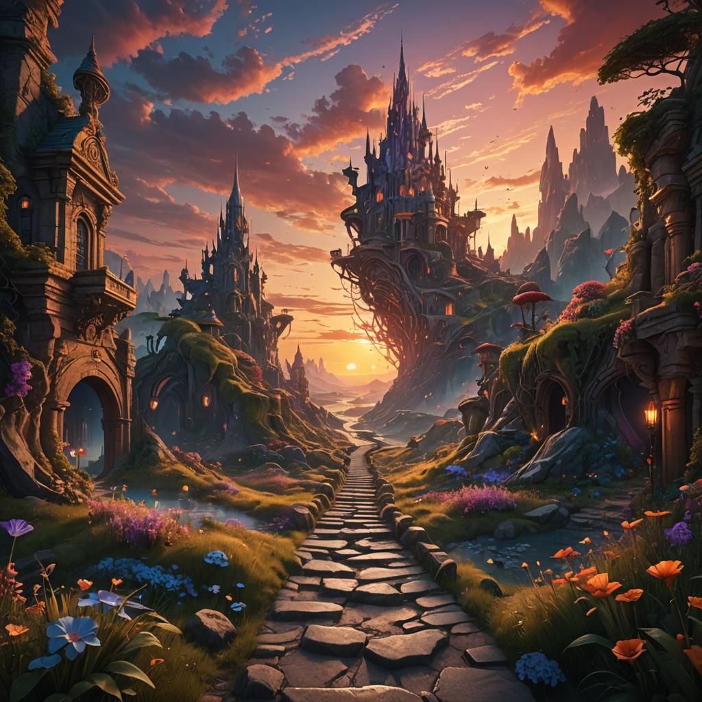 Surreal Sunset Path in Detailed Matte Painting