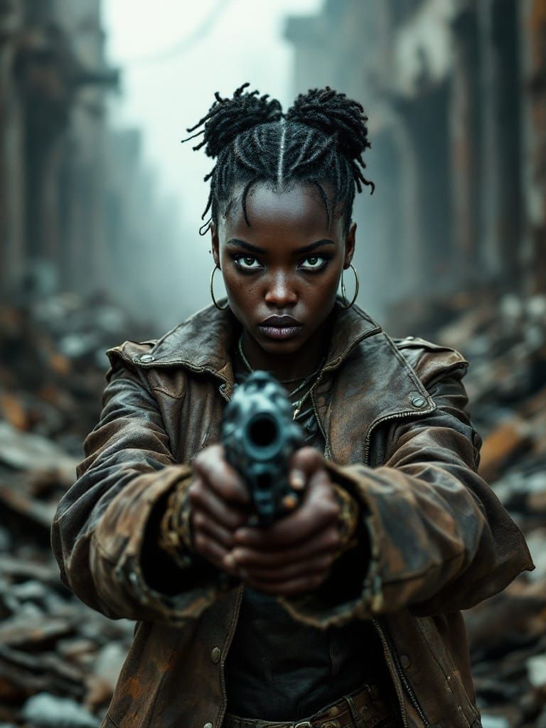 Gritty Dystopian Warrior in Post-Apocalyptic Ruins