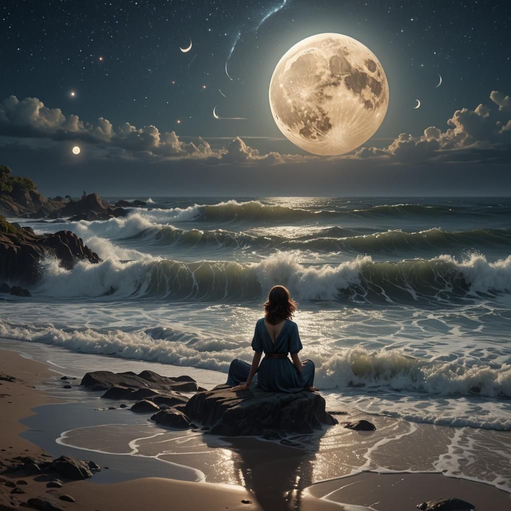 Woman Watching Moonlit Waves: Fantasy Concept Art