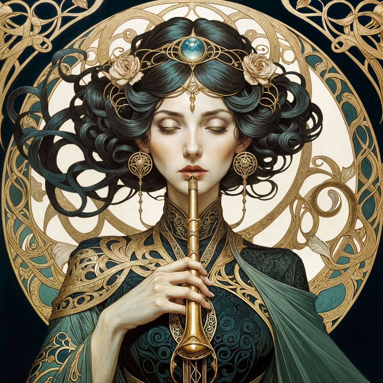 Geometric Art Nouveau Woman in Dark Academia Style