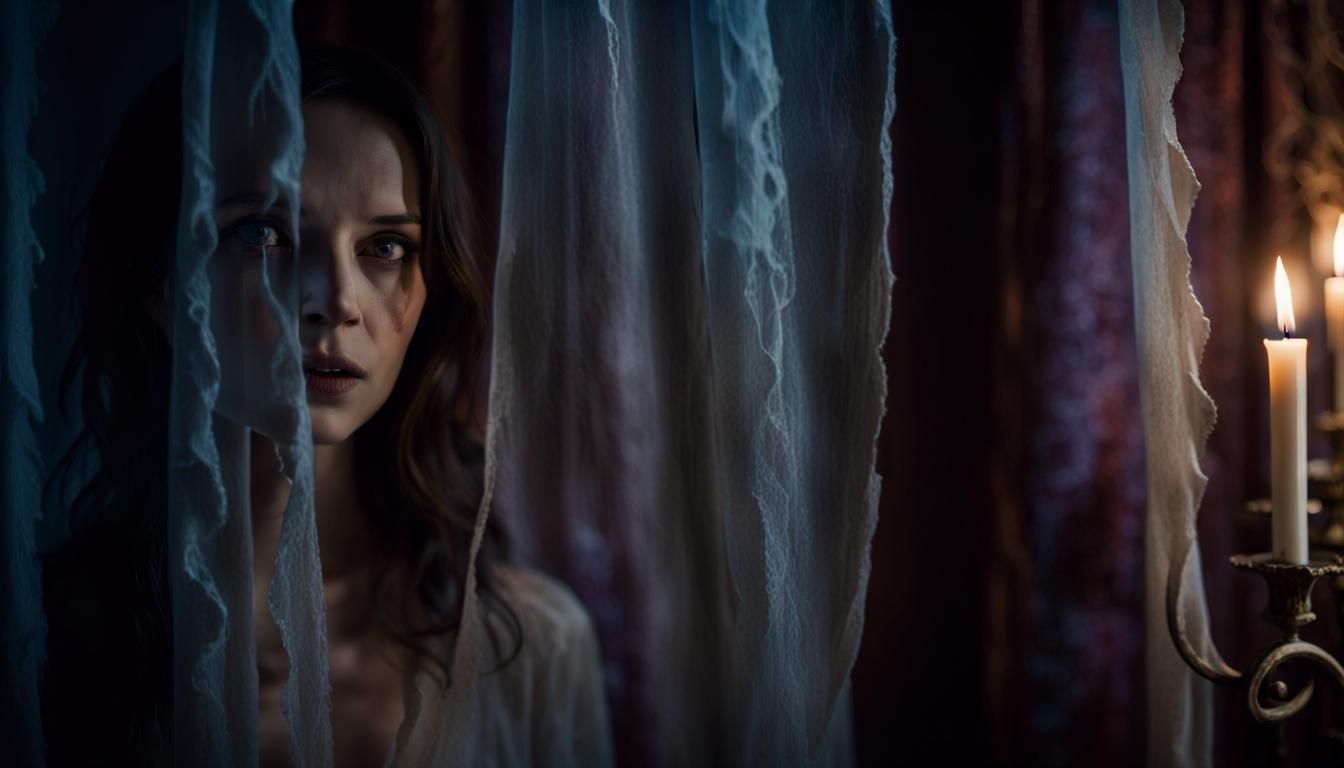 Woman's Desperate Hide Behind Tattered Curtain in Dark Cinem...