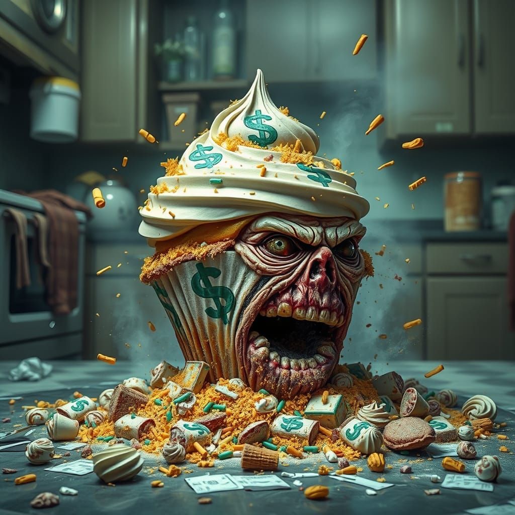 Exploding Money Cupcake in Grotesque Horror Style