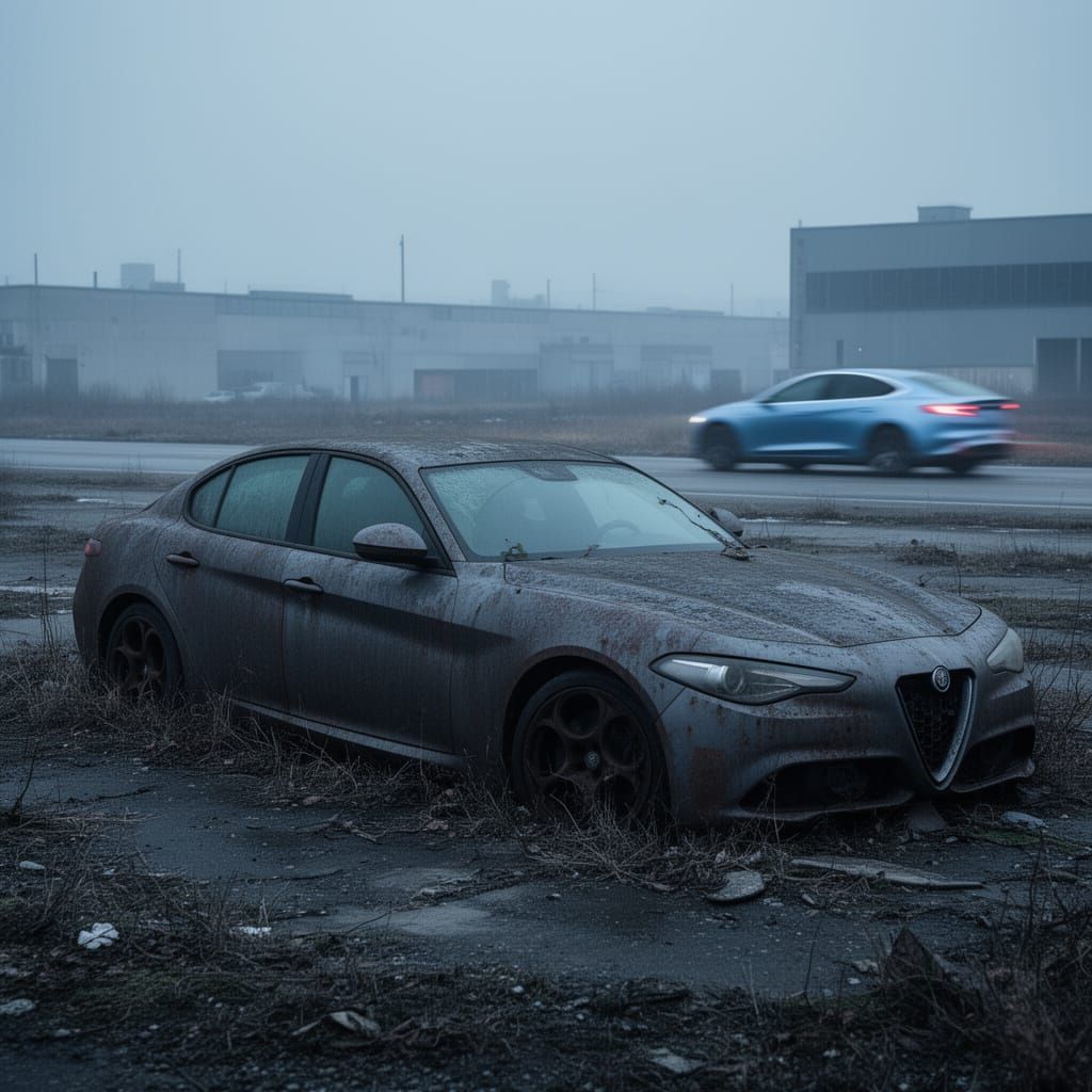 Abandoned Alfa Romeo Giulia in Industrial Landscape
