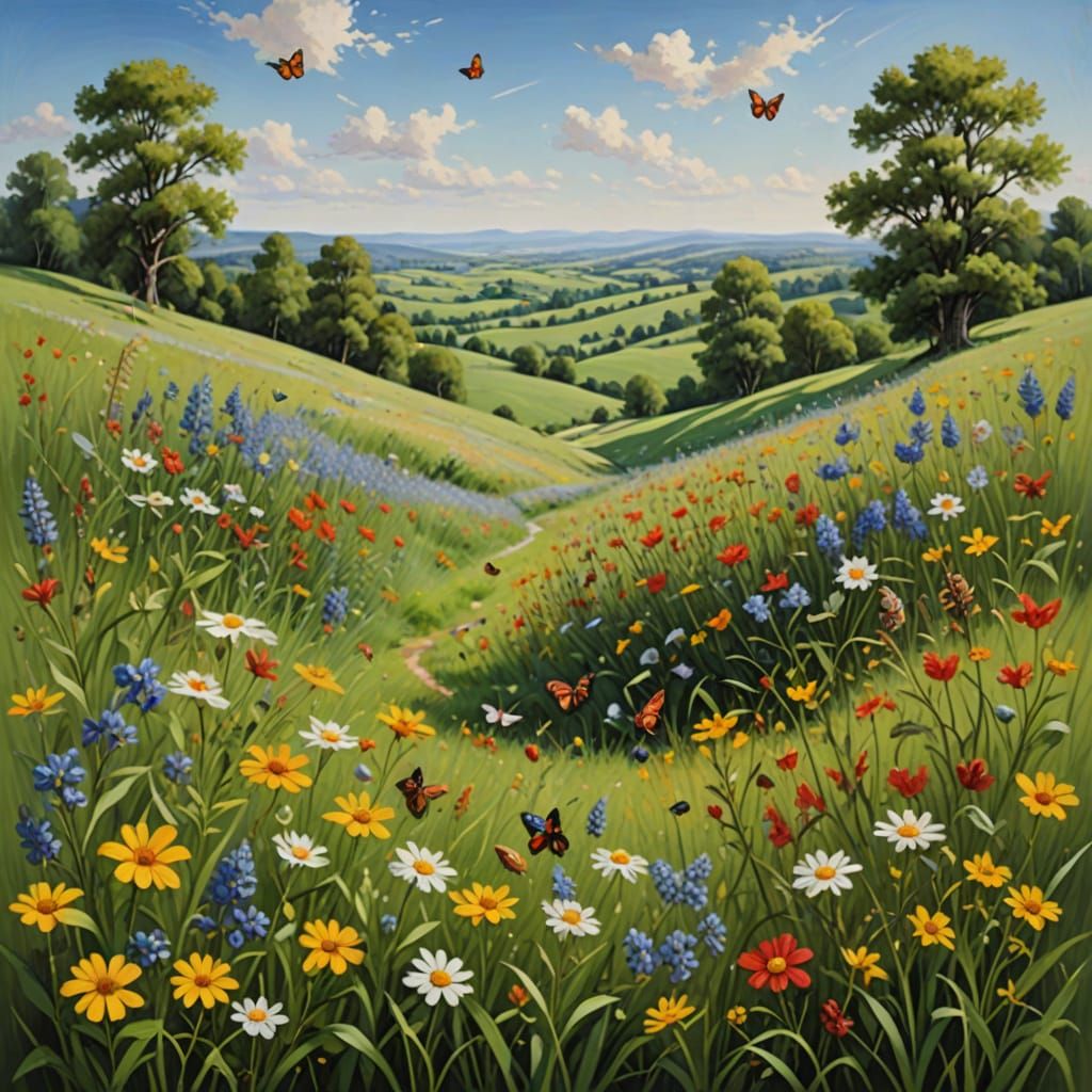 Wildflower Meadow Oil Painting Under Clear Sky