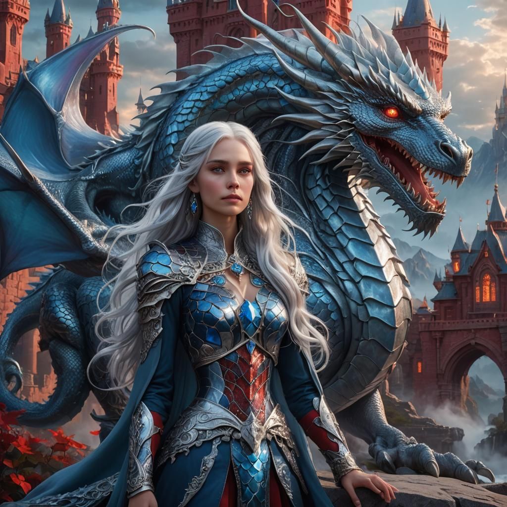 Silver Haired Woman and Dragon Fantasy Art