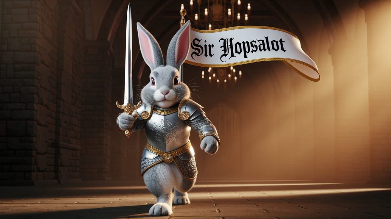 Majestic Bunny Knight in Silver Armor with Golden Trim and G...