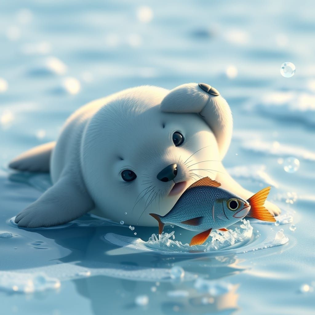 Cute Baby Harp Seal Hunts Fish in Stunning 3D Anime Style