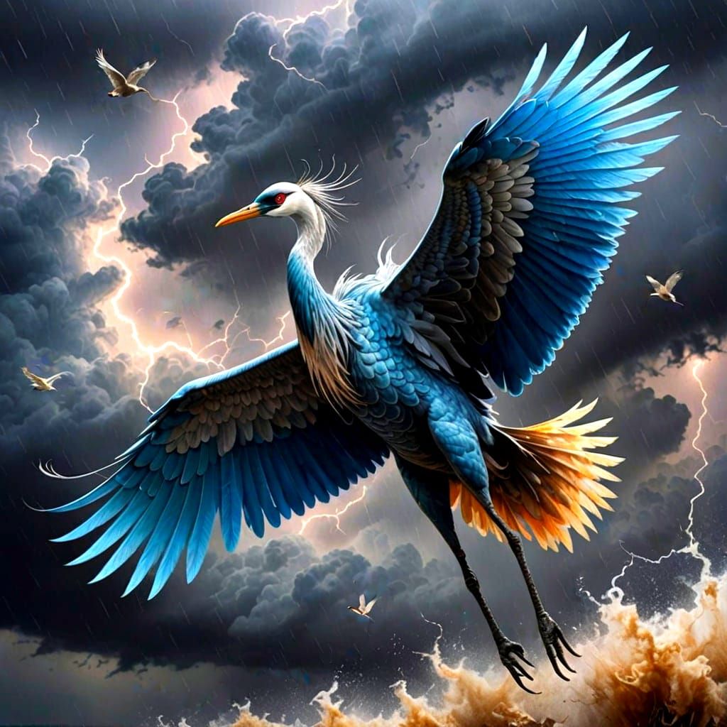 Iridescent Mythical Crane Soaring in Storm