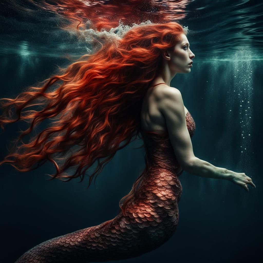 Beautiful Mermaid with Red Hair Swimming Underwater
