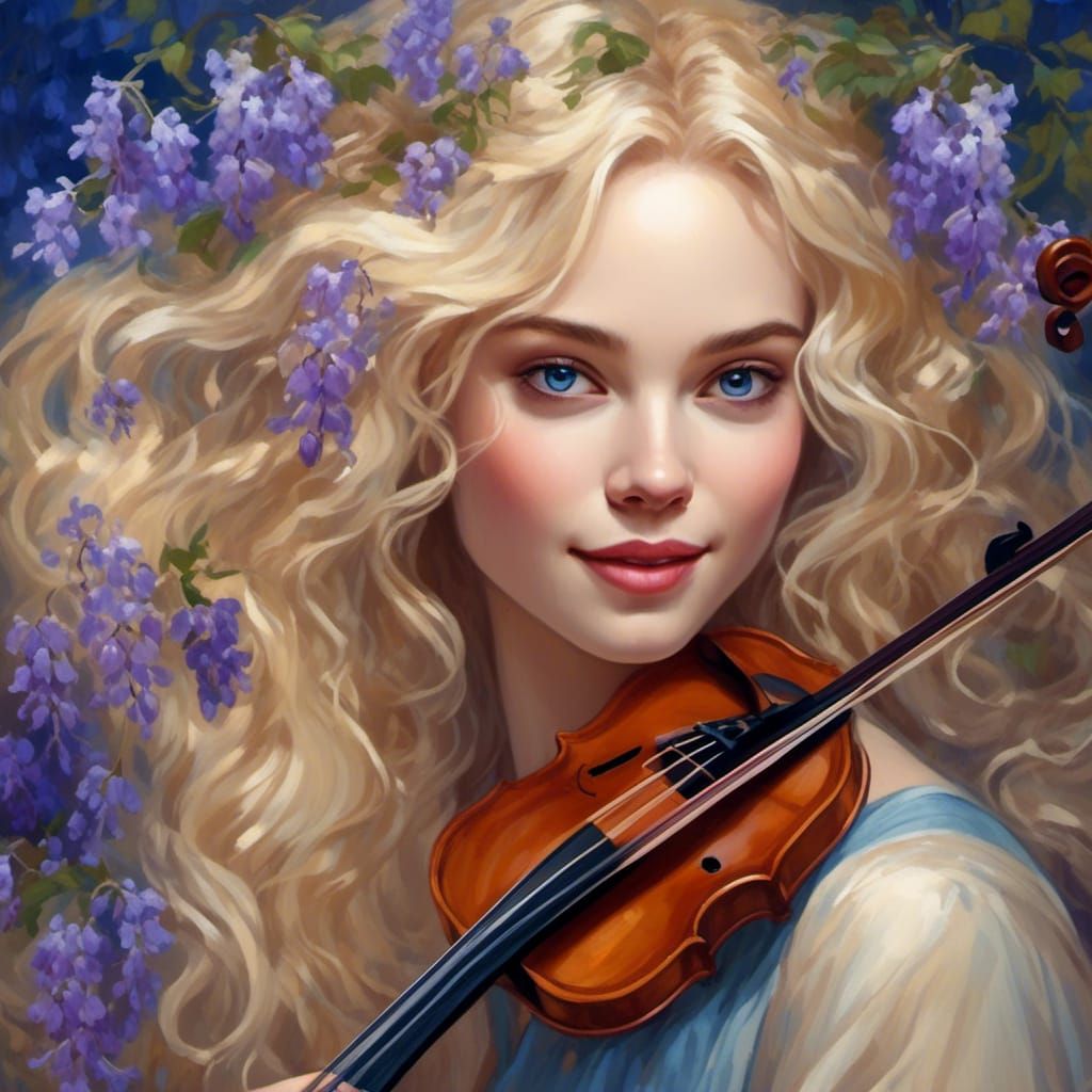 Beautiful Woman with Violin and Floral Background