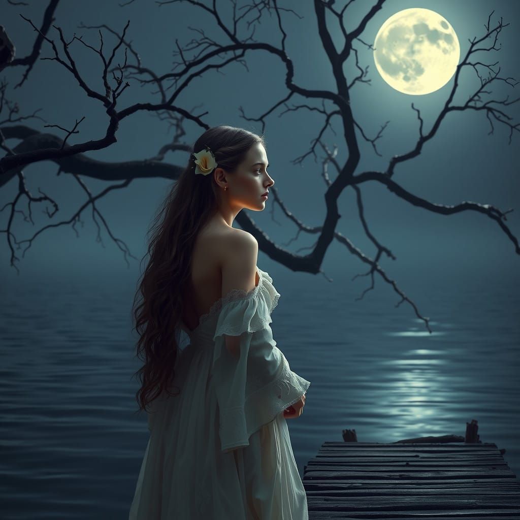 Serene Woman Basks in Moonlit Lake Reflections