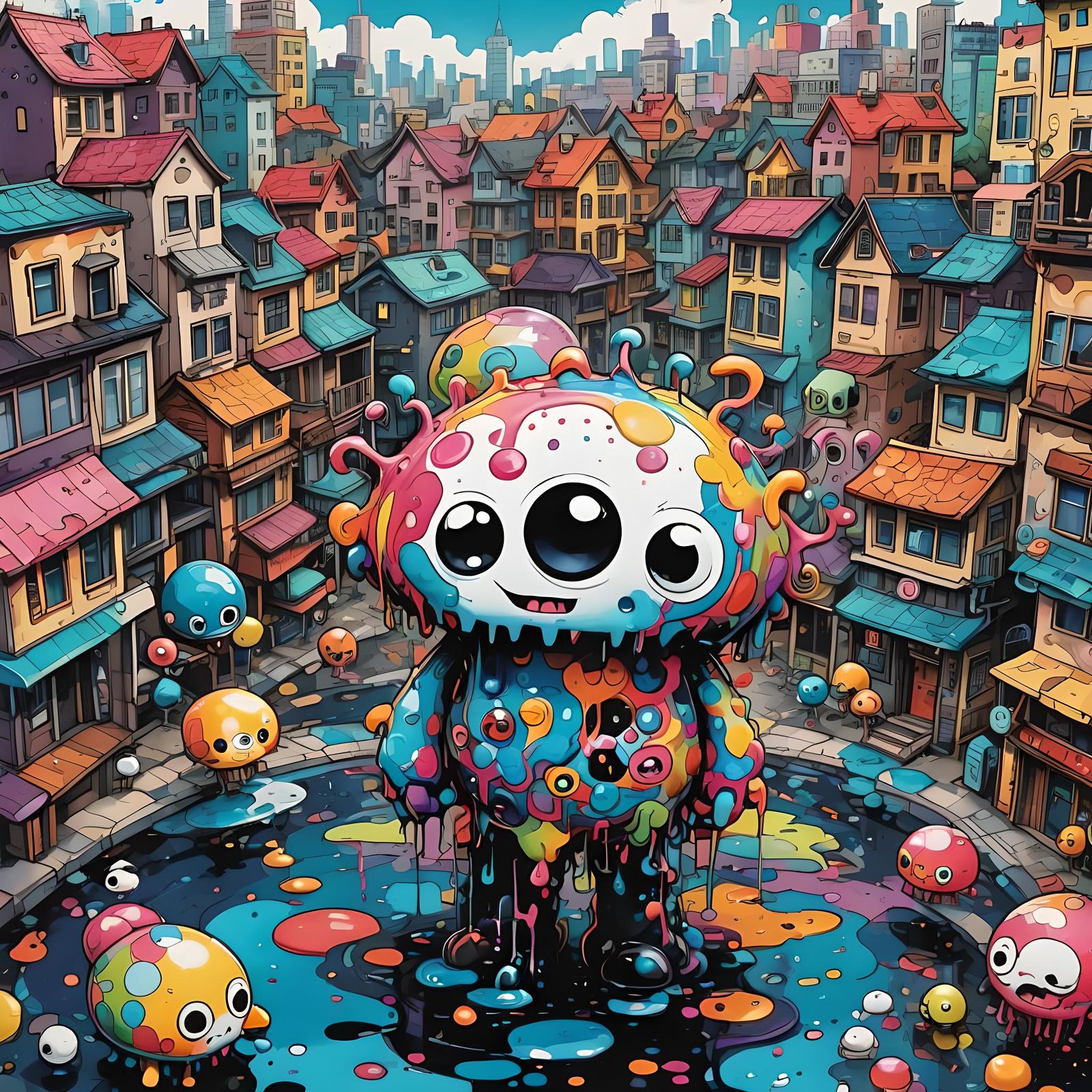 Colorful Ink Titan's Whimsical Town Invasion
