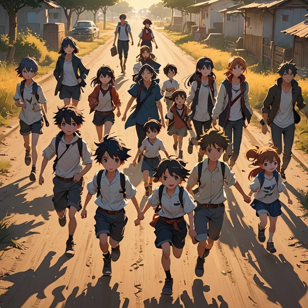 Anime Concept Art: Kids on Dusty Road Staring