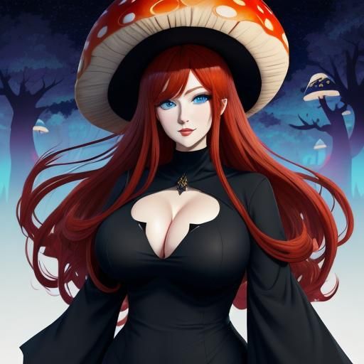 Anime Mushroom Woman in Magic Forest at Night