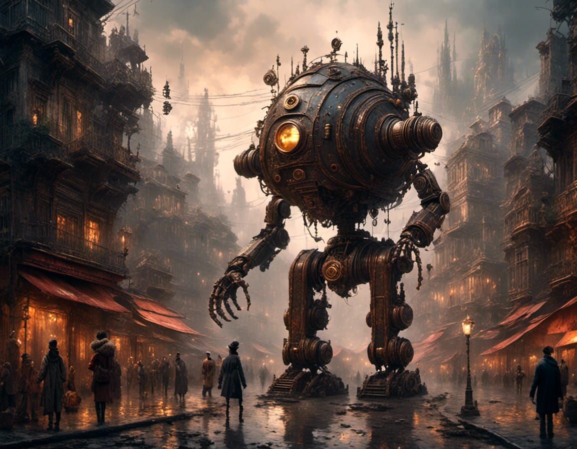 Steampunk Robot in Sci-Fi City: Digital Matte Painting