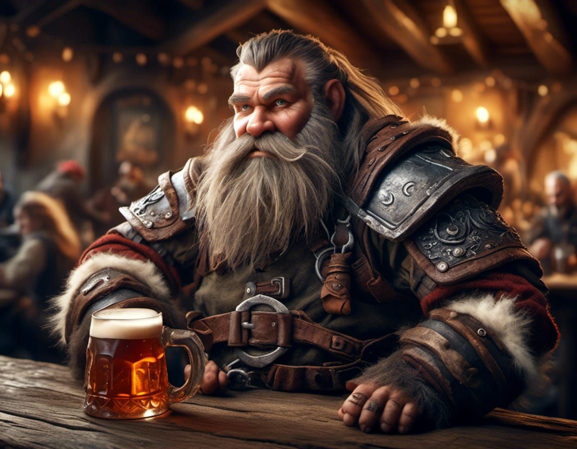 Hyperrealistic Dwarf Warrior with Tankard in Tavern