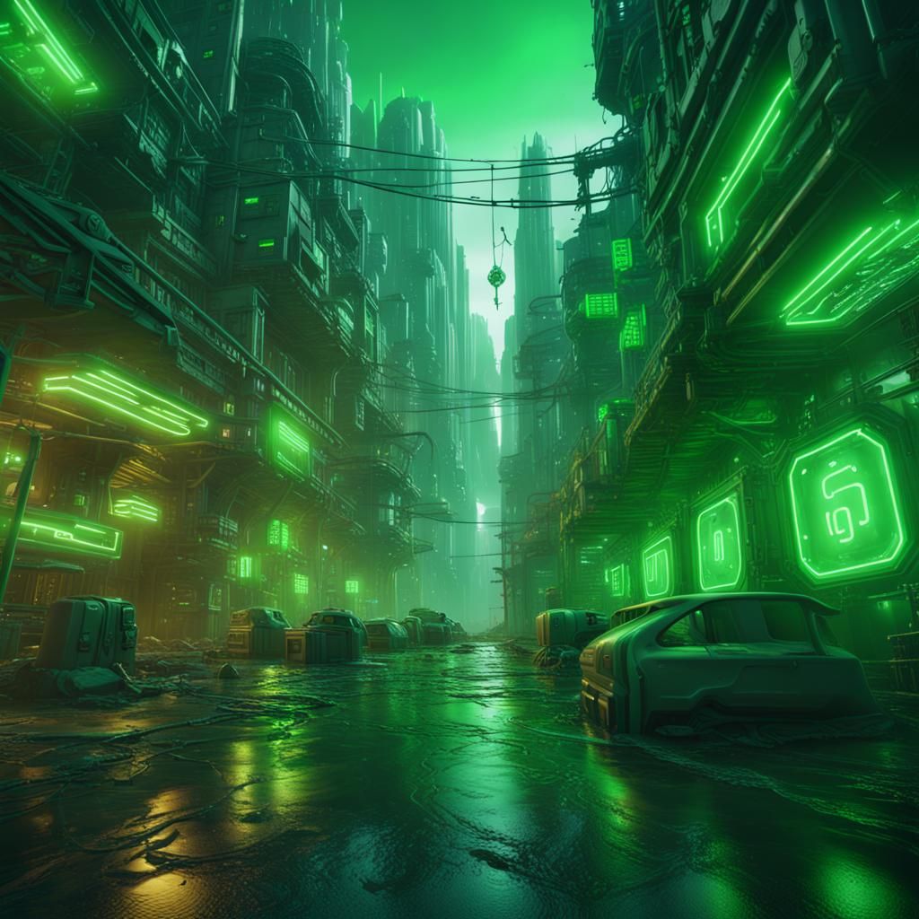 Green Cyber Town in Detailed Matte Painting Style