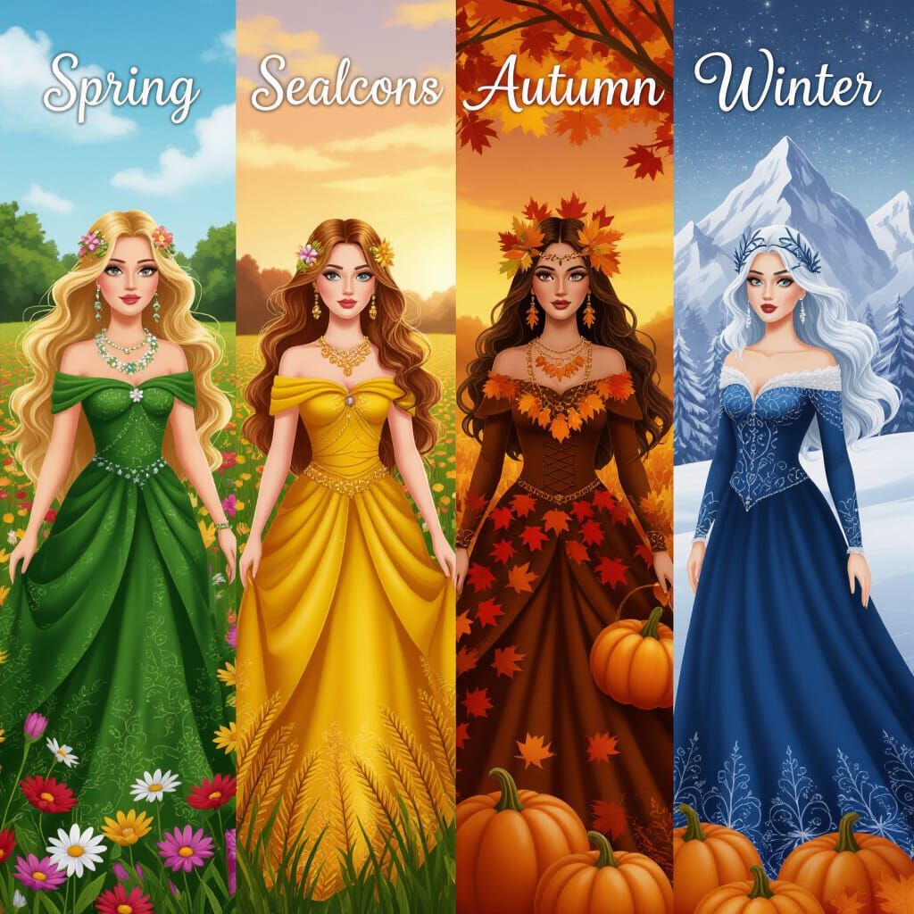 Magical Four Seasons Personified in Cosmic Illustration