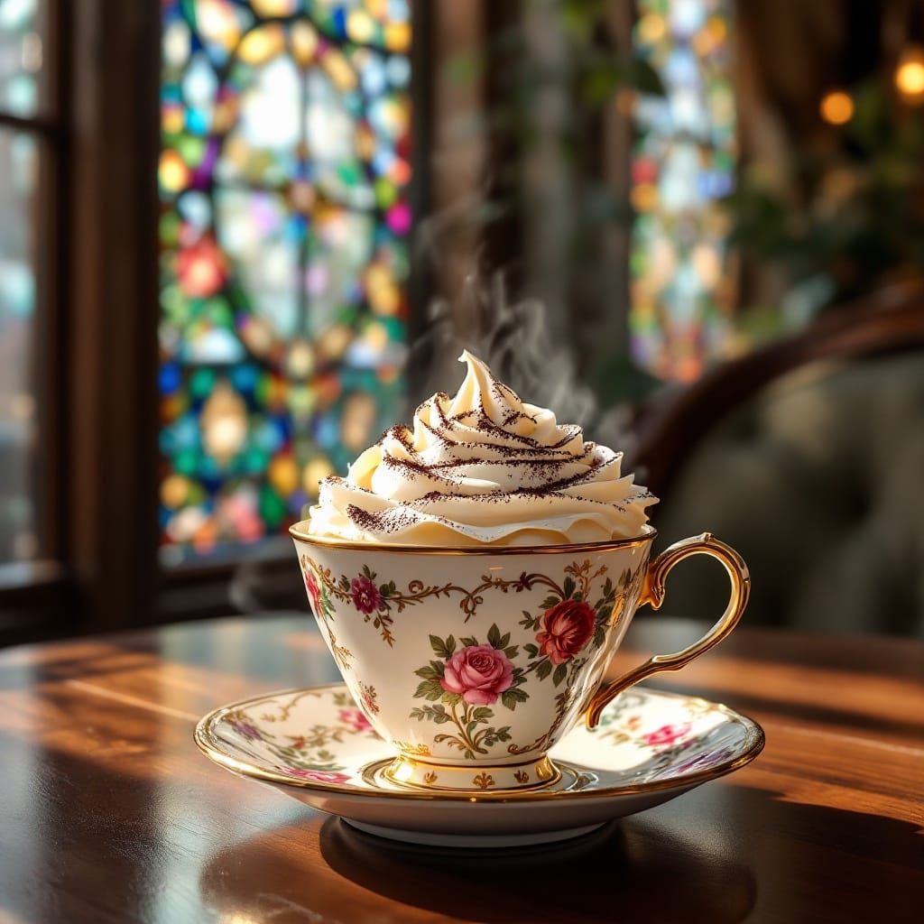 Coffee with Rose Cream in Sunlight, Hyperrealistic Art