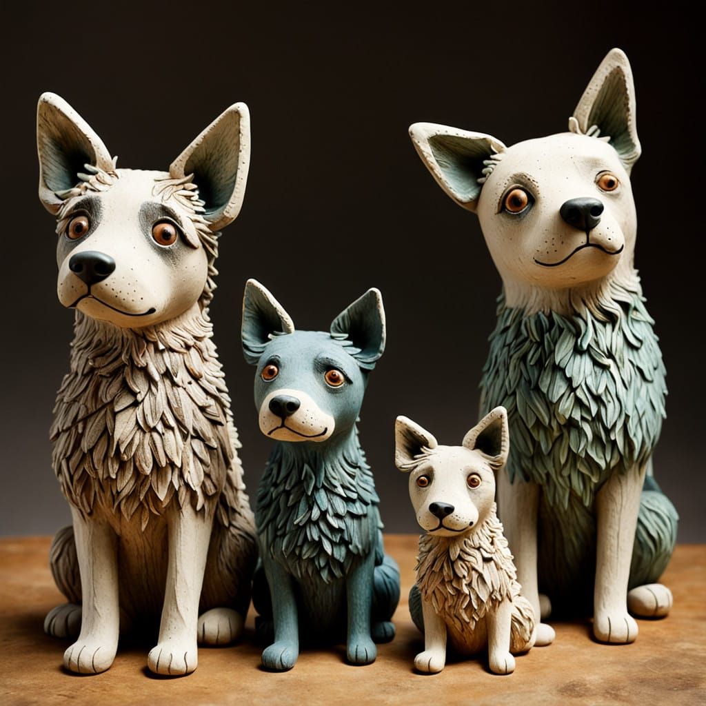 Whimsical Clay Dogs in Earthy Landscape