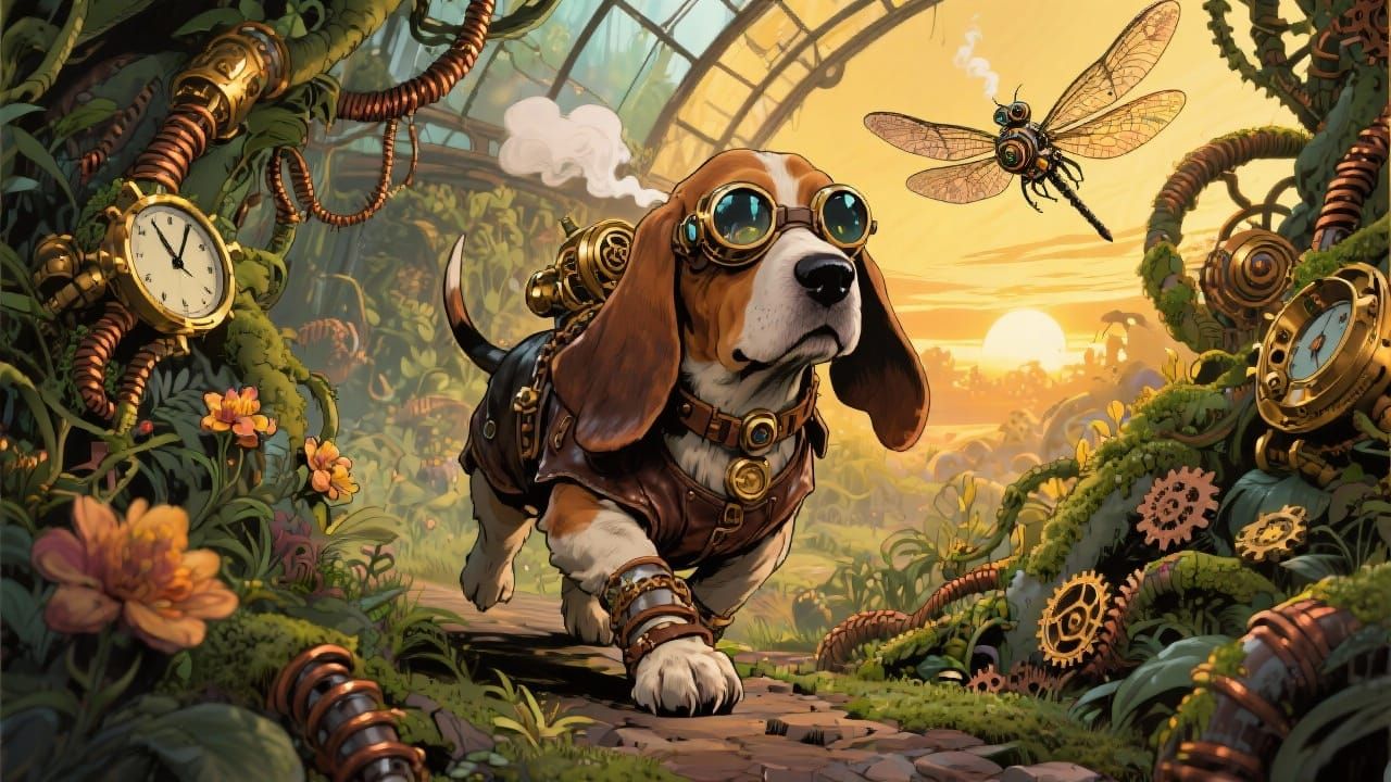 Steampunk Basset Hound in Biomechanical Jungle