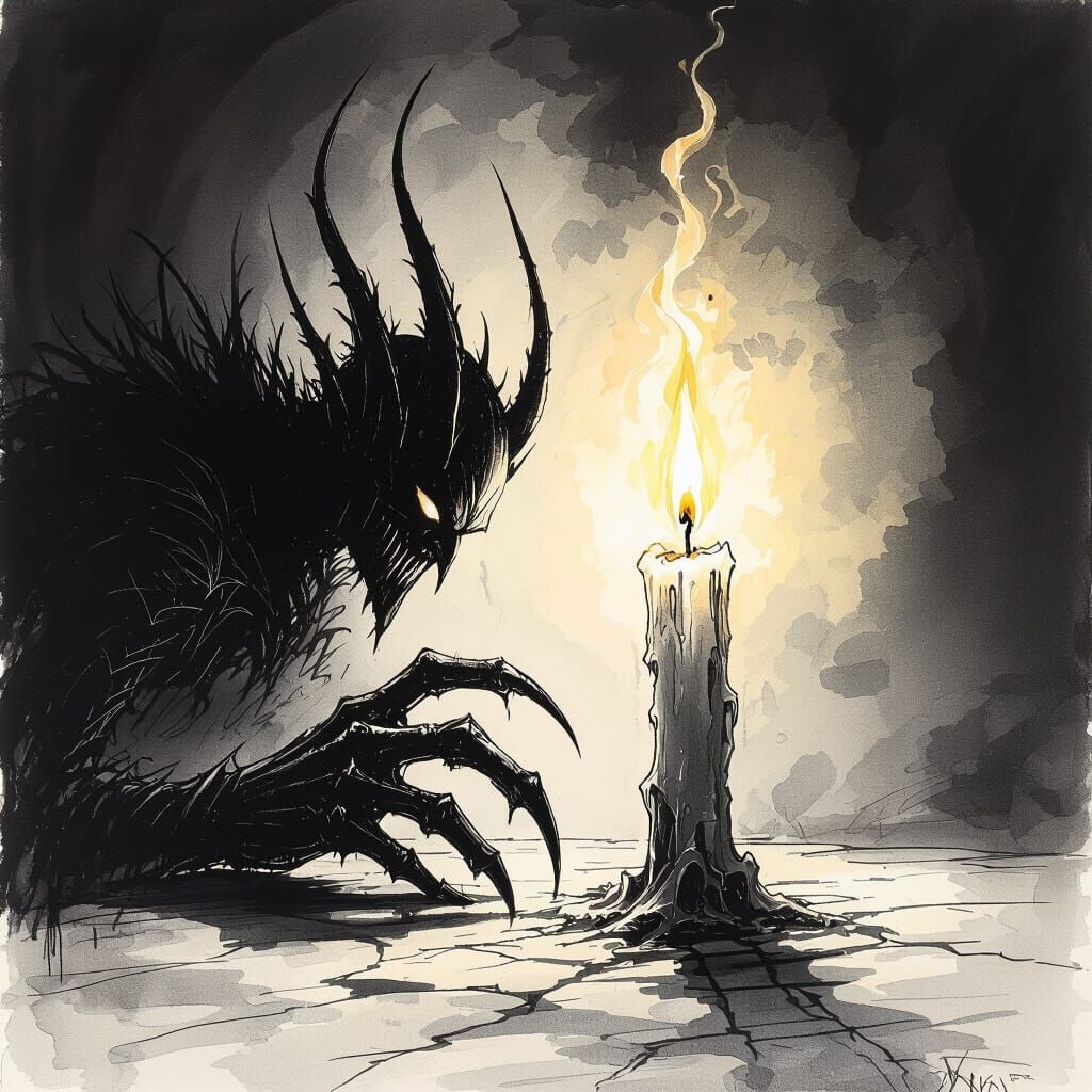 Gothic Sketch of a Dark Figure with Candle