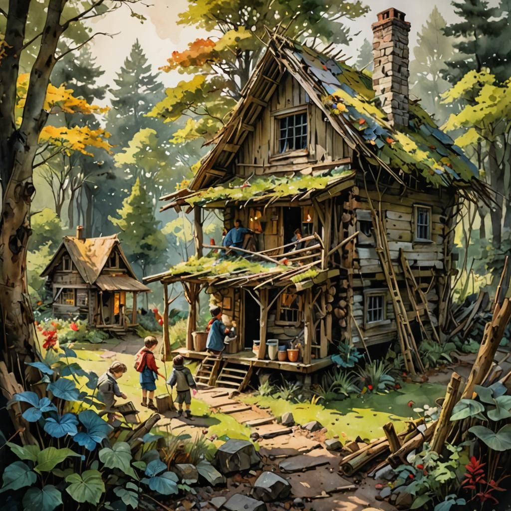 Children Build Cabin in Gardenscape: Watercolor Splash Art