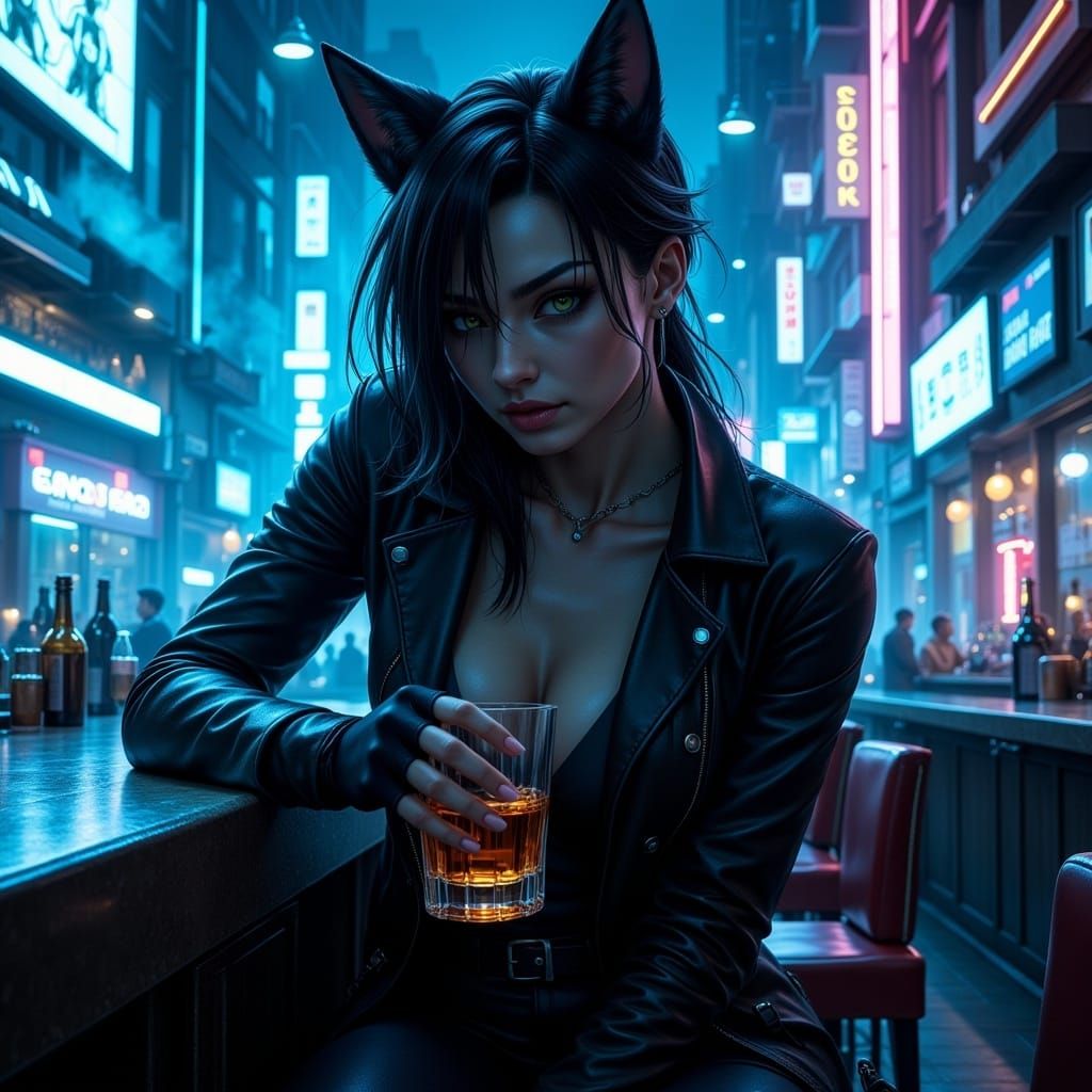 Wolf Girl at Cyberpunk Bar with Neon Lights