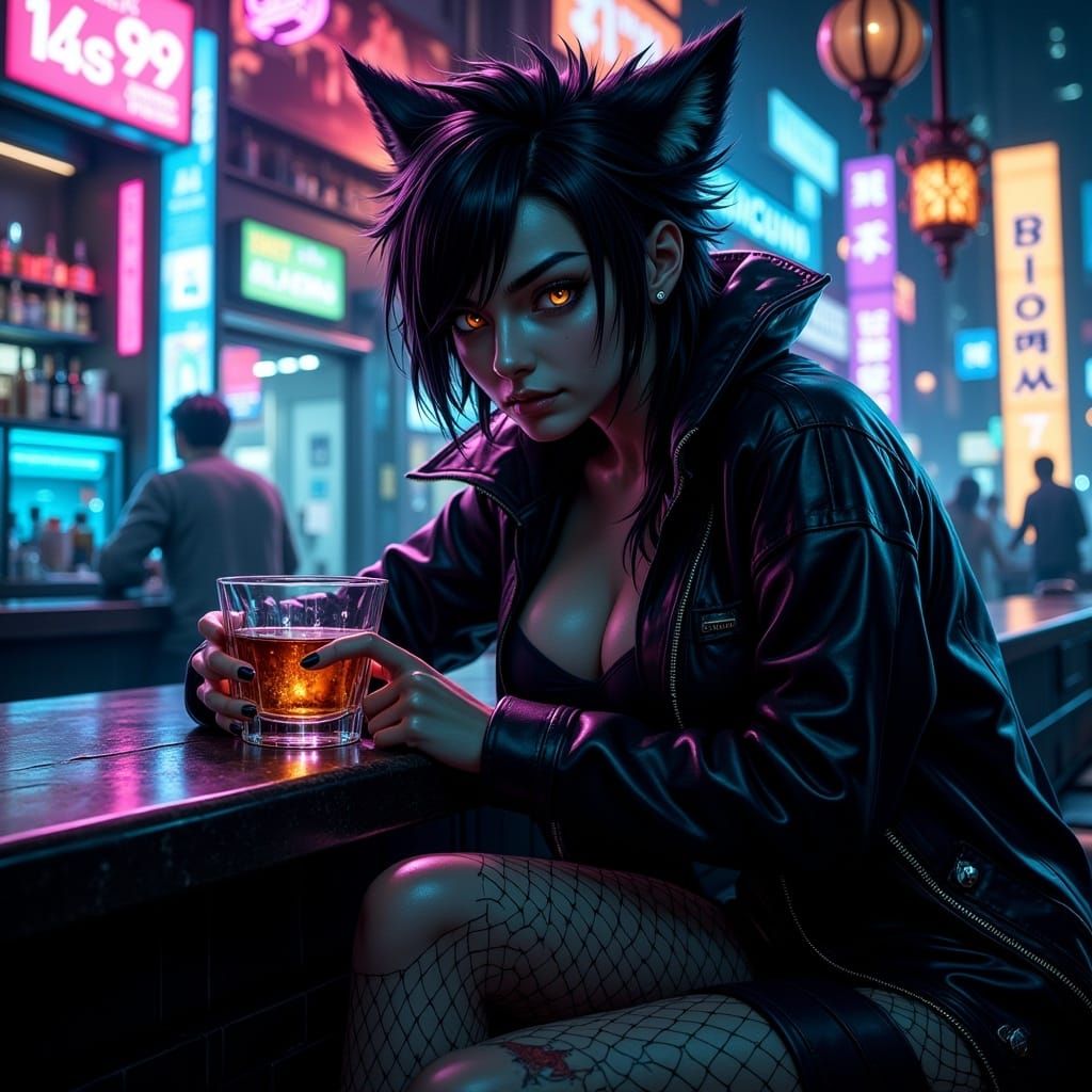 Cyberpunk Wolf Girl at Futuristic Bar