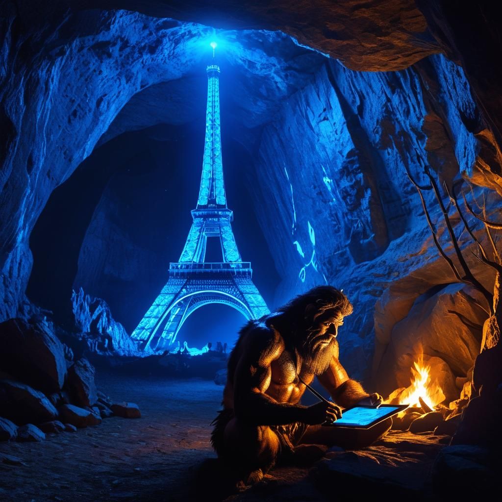 Caveman with Tablet in Prehistoric Cave