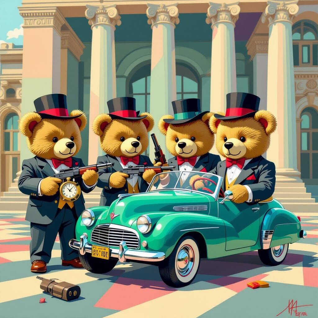 Teddy Bears Robbing Bank in Neo-Cubist Style