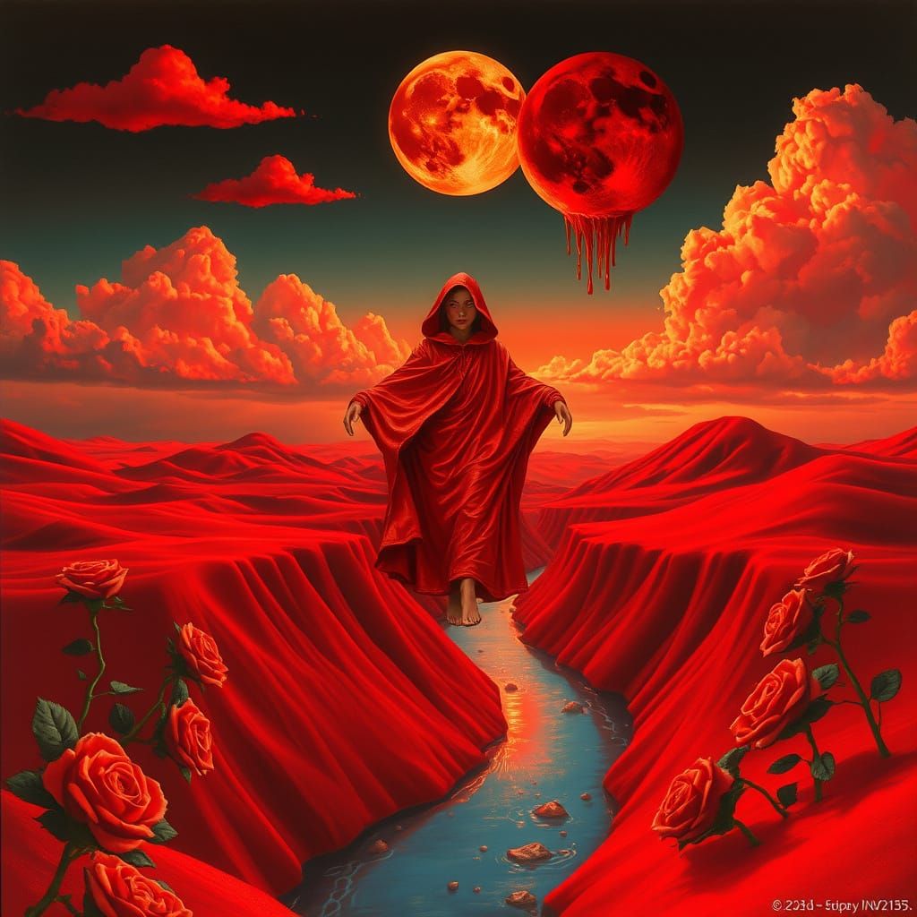 Surreal Crimson River Dreamscape in Dalí Style