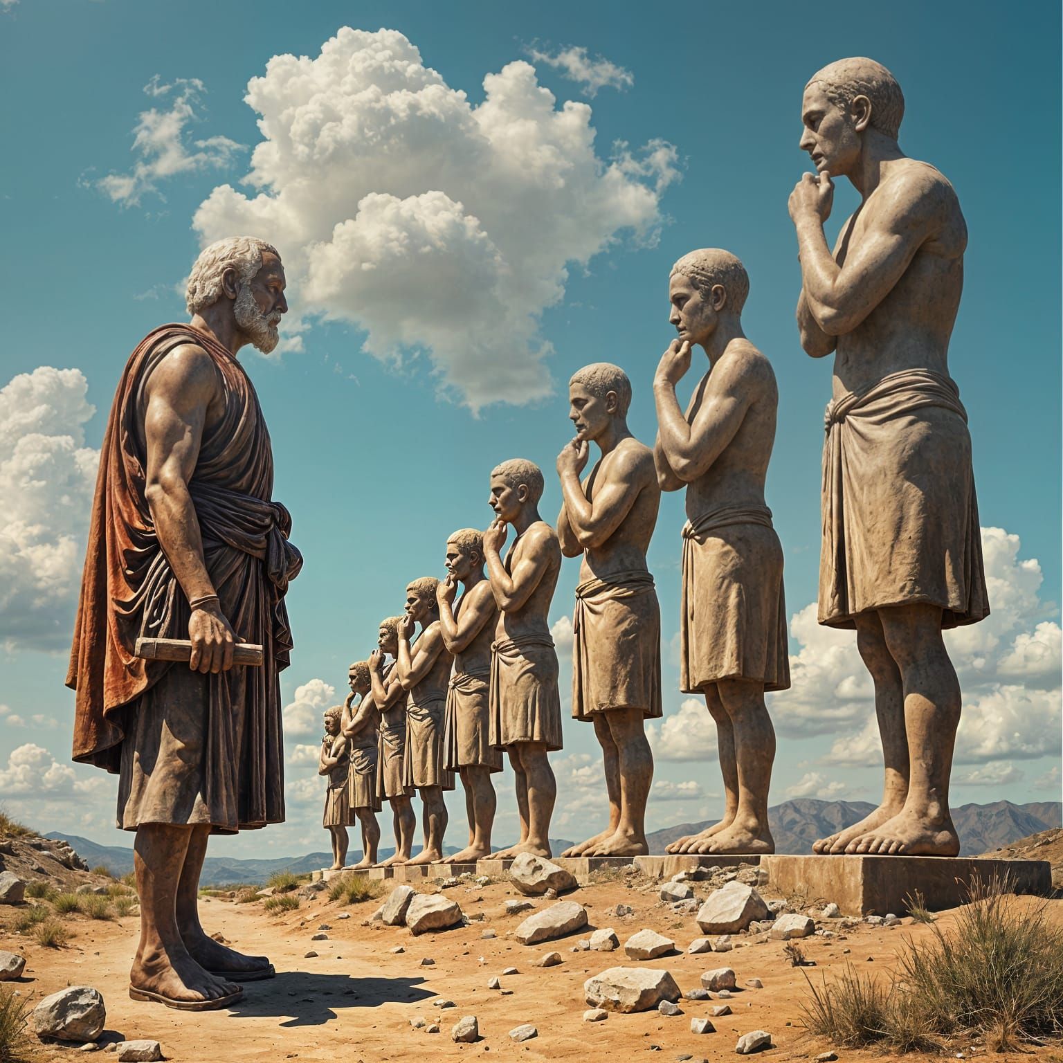The Thinker Evolves, as a Weathered Artist Stares