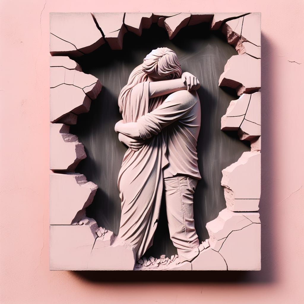 Hugging Figures in Chalkboard Bas-Relief