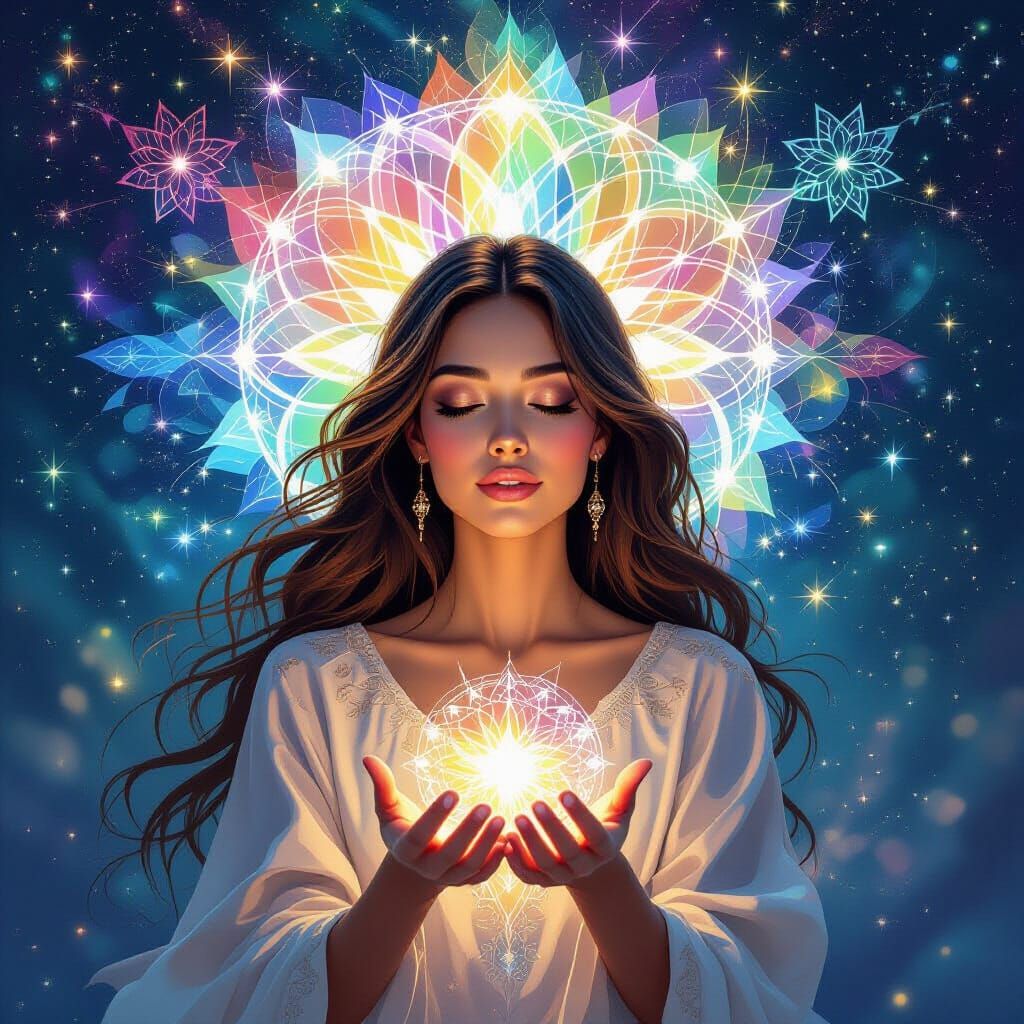 Ethereal Woman in Cosmic Panorama, Heavenly Beauty and Intel...