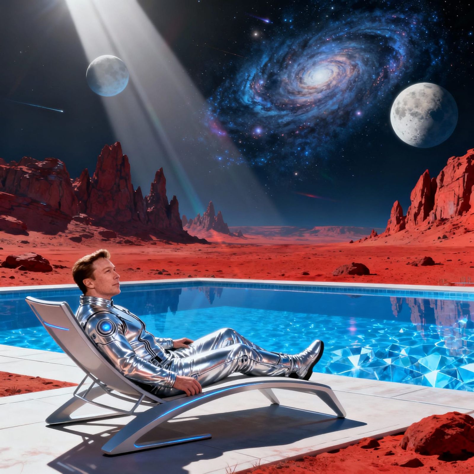 Elon Musk Relaxing by Pool on Mars, Futuristic Sci-Fi Art