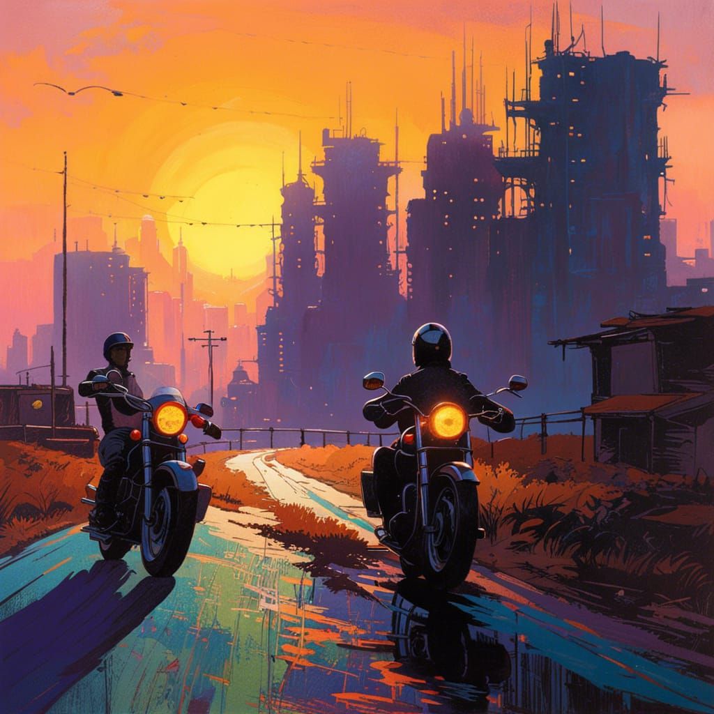 Motorcycles Speeding Through Cyberpunk Cityscape