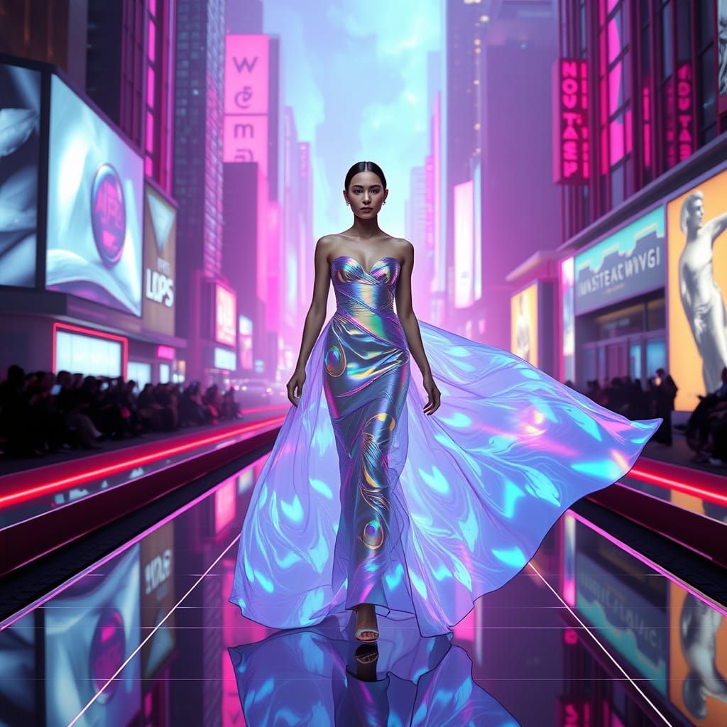 Sleek Model Struts Down Neon-Lit Catwalk in Iridescent Gown
