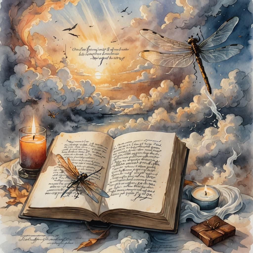 Calligraphy Book with Dragonfly in Watercolor Style
