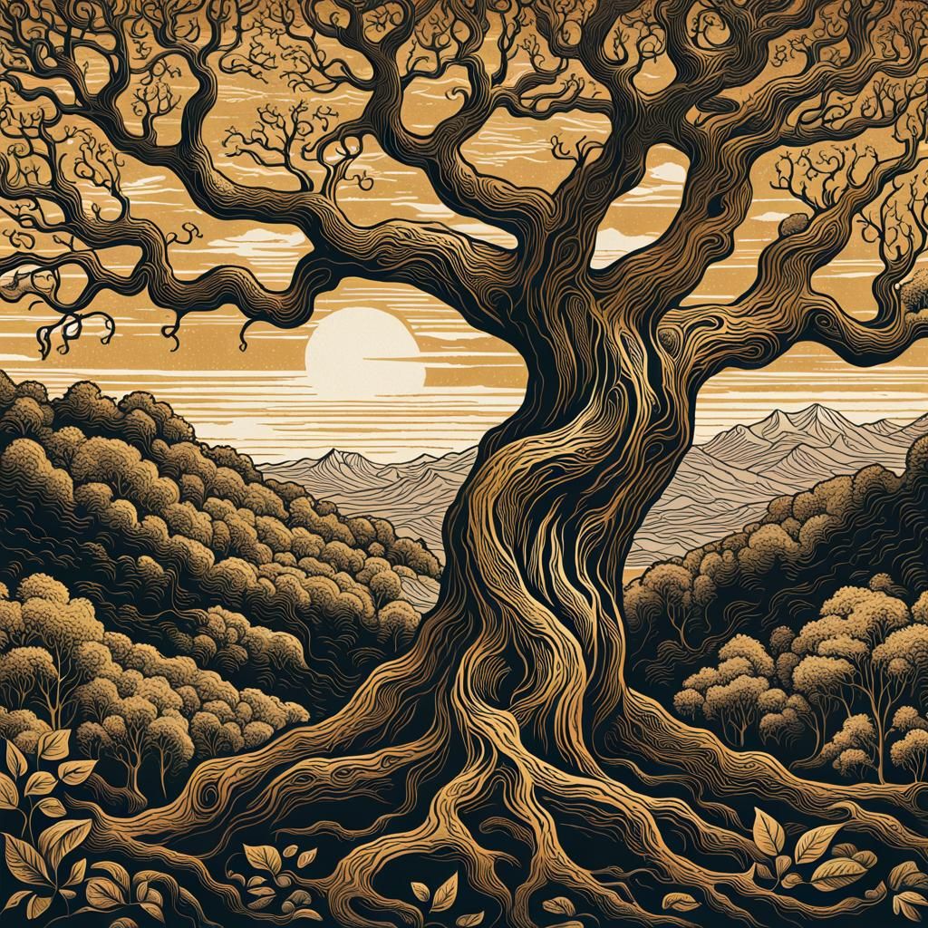 Gnarled Tree Woodcut Print in Forest Landscape