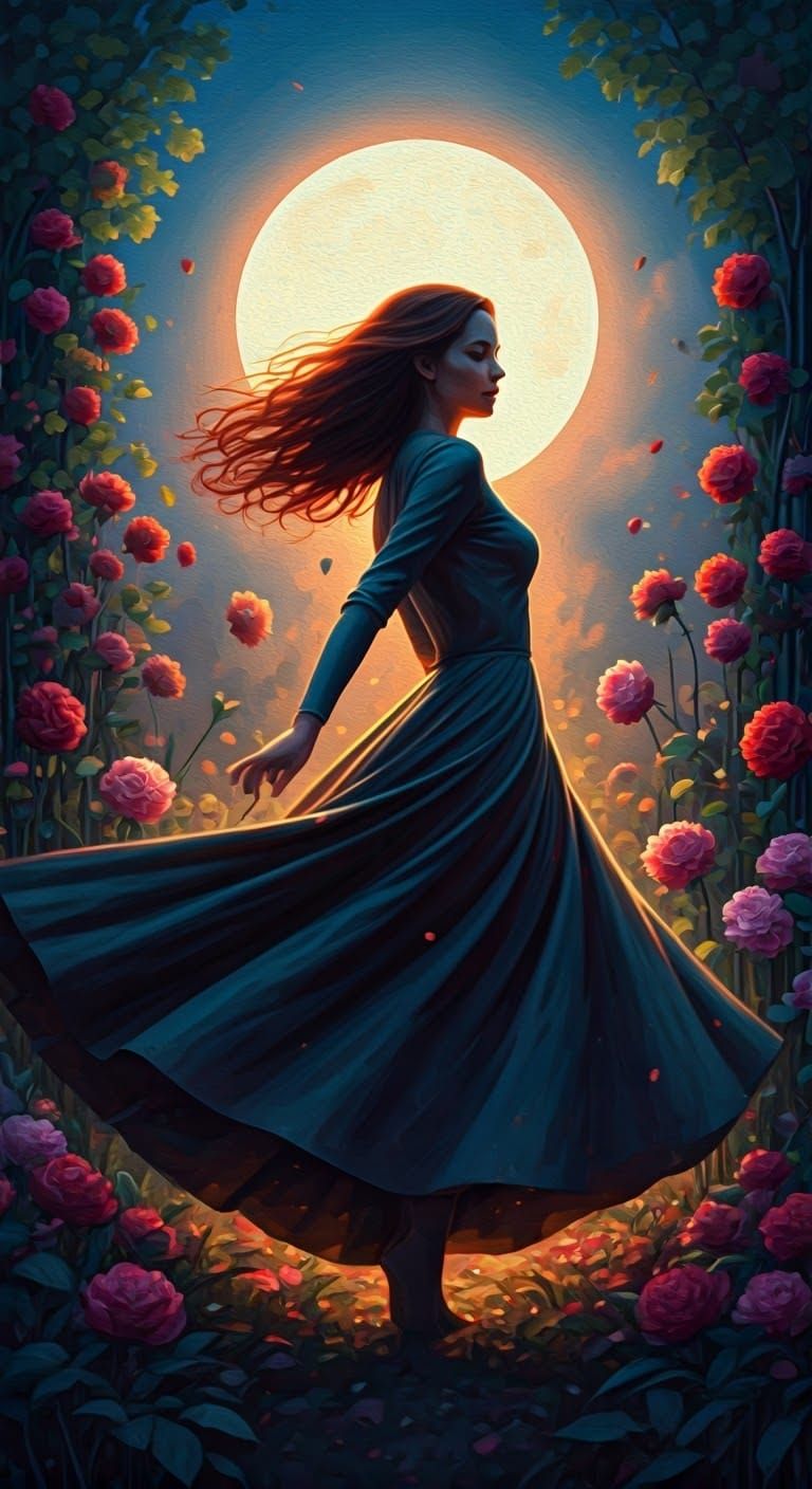 Woman Dancing in Twilight Among Flowers, Ecstatic Polychromy