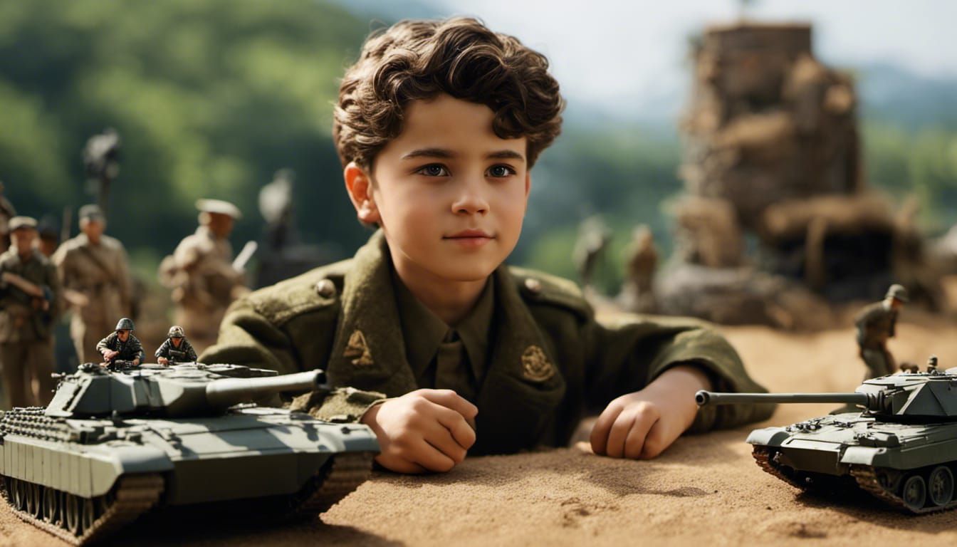 Boy Directing Toy Soldier Battle: Hyperrealistic Detail