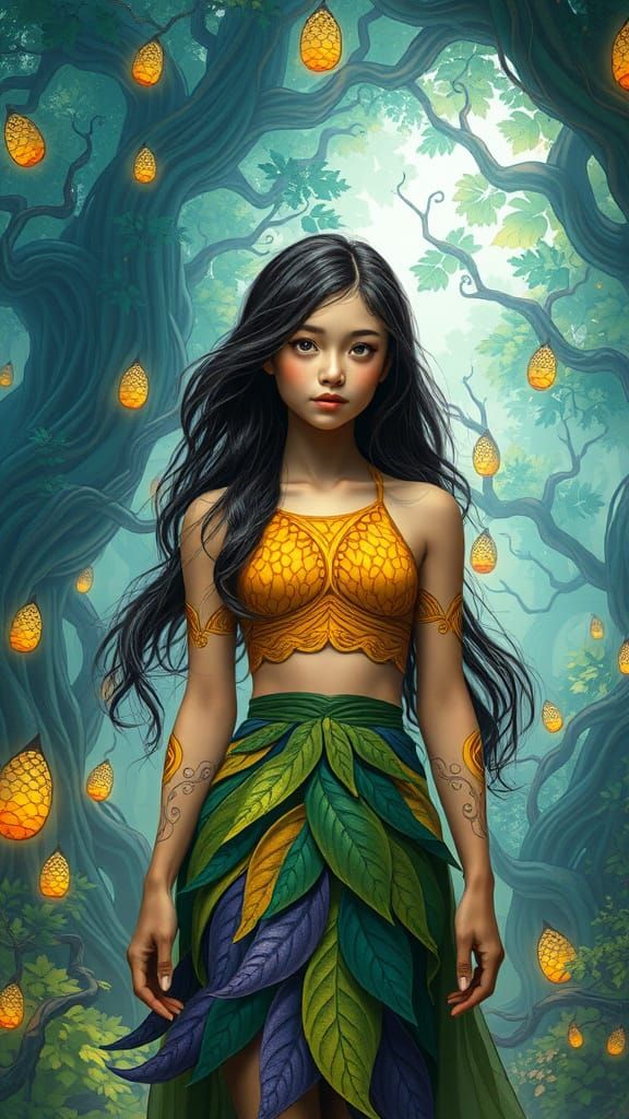 Young Woman in Vibrant, Dreamlike Forest, in a Fantastical S...