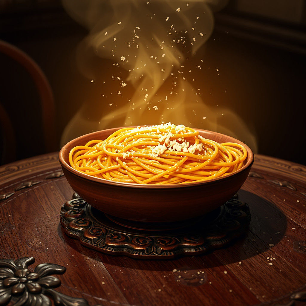 Steaming Spaghetti Bowl in Mystical Golden Light