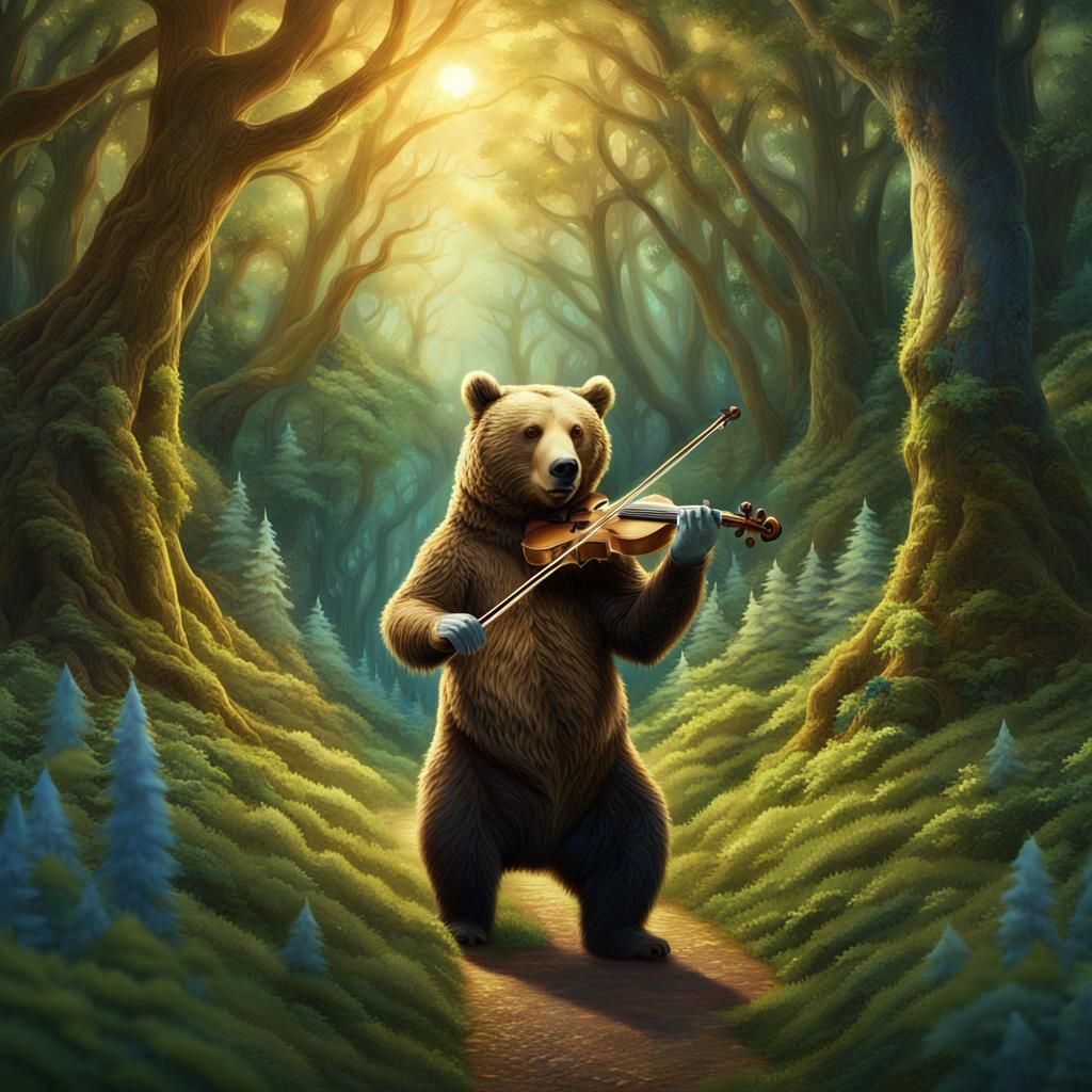 Bear Playing Violin in Forest, Fantasy Concept Art