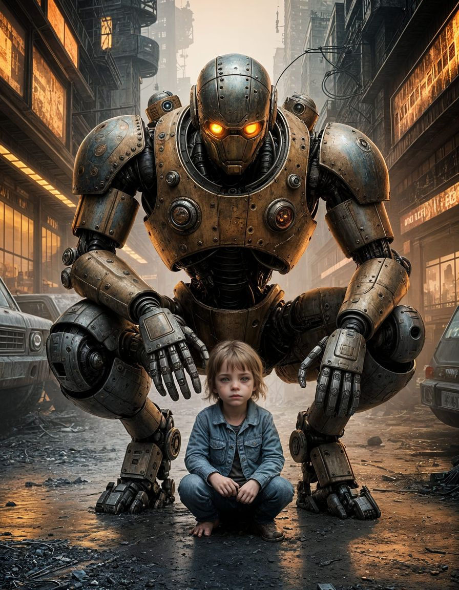 Robotic Guardian Hugs Child in Dystopian City