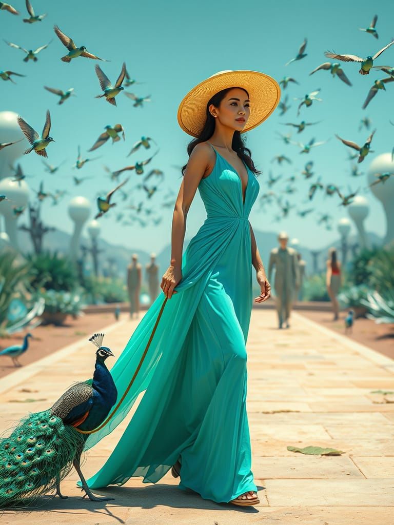 Futuristic Asian Woman in Alien Garden Panorama