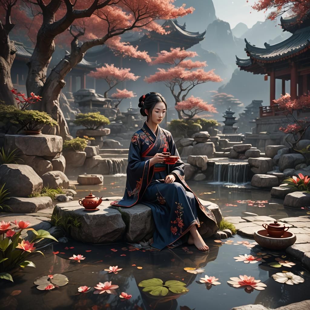 Ancient Beauty Drinking Tea by Hot Spring
