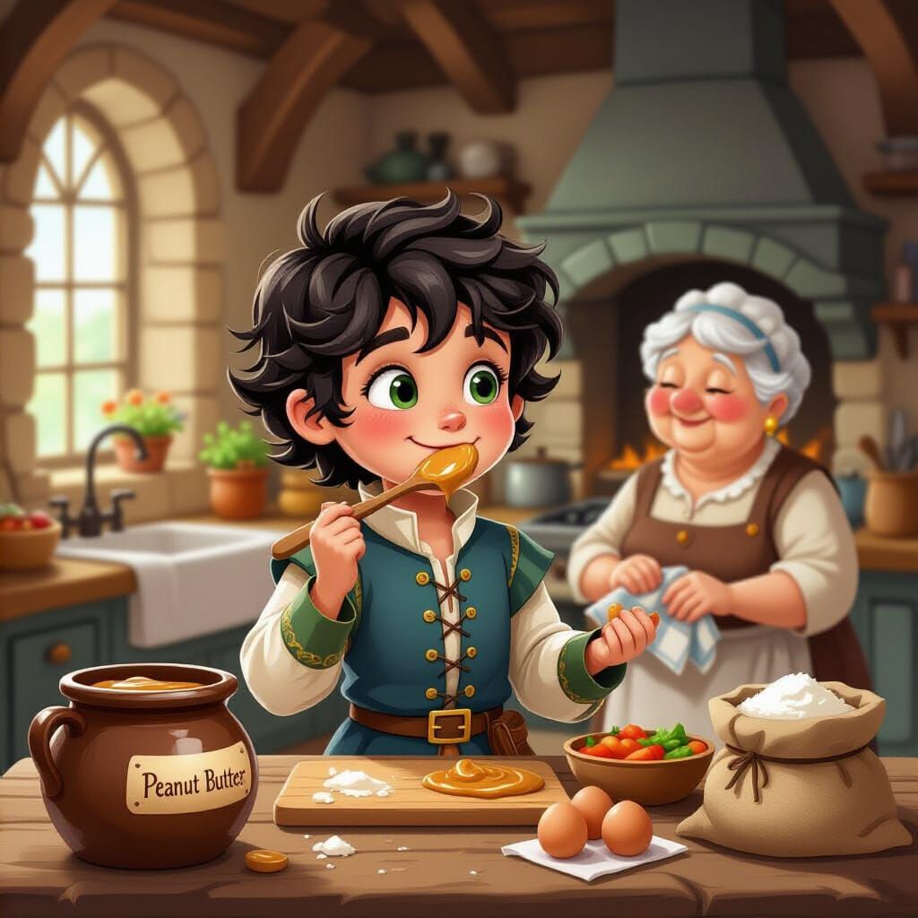 Fairy Tale Prince Enjoys Peanut Butter in Medieval Kitchen