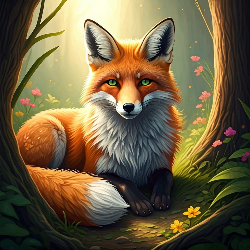 Fox Lounging in Forest Clearing as Delicate Art